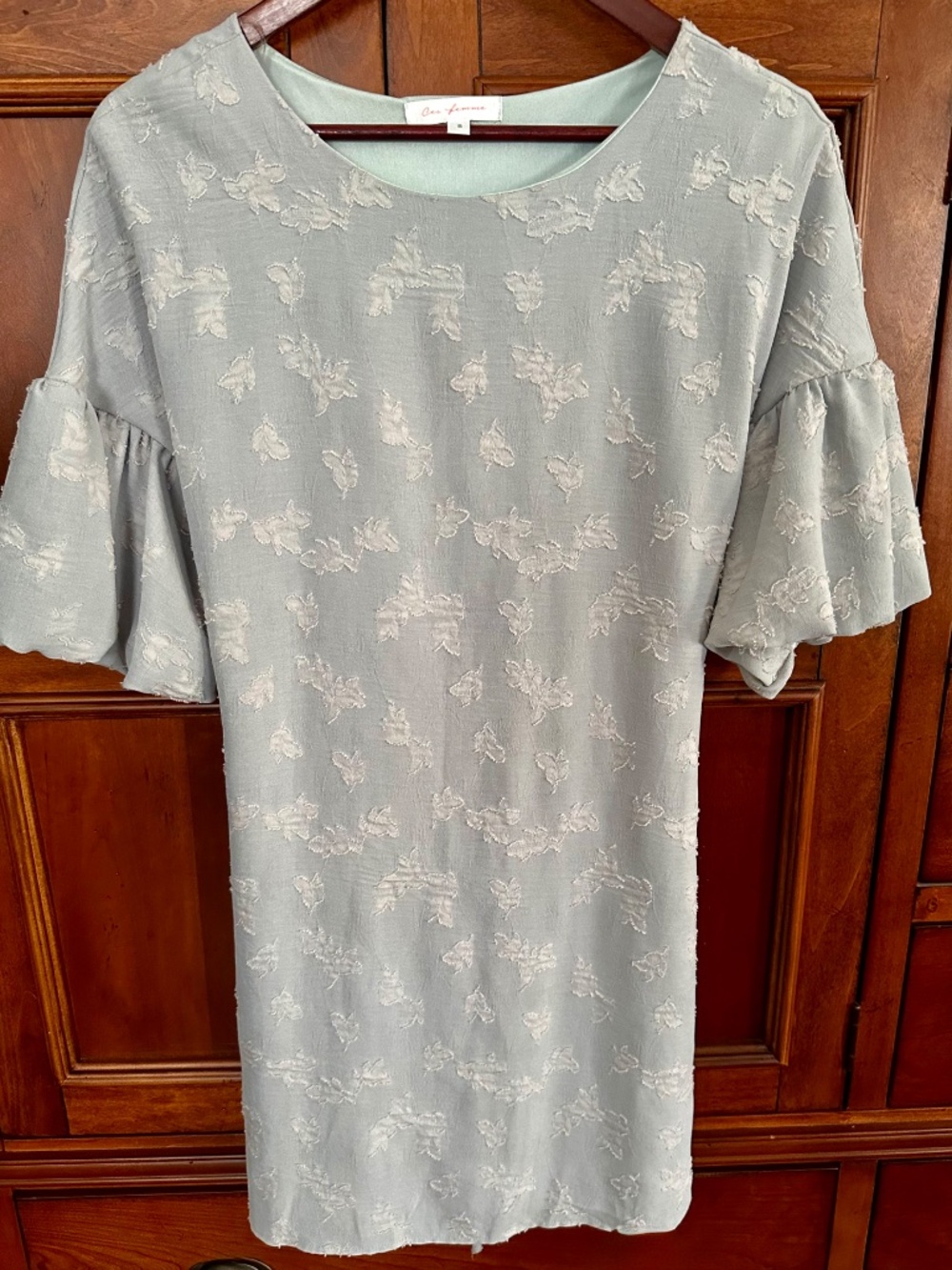 Ces Femme Powder Blue Textured Jacquard Puff Sleeve Dress Women's S